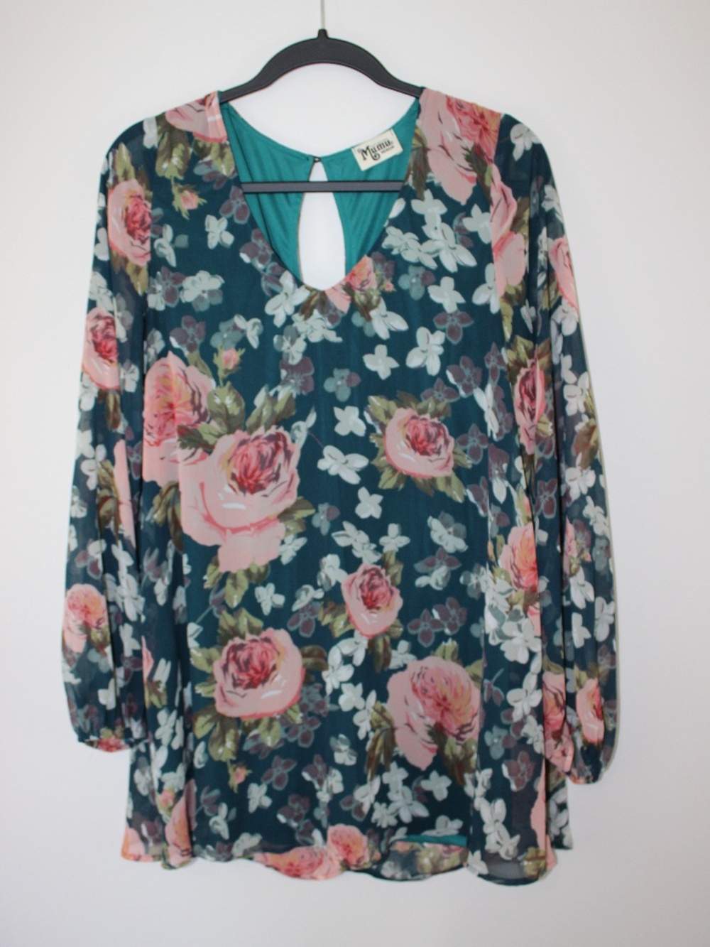 Show Me Your Mumu Teal Floral Cutout Back Tunic Long Sleeve Size Medium
